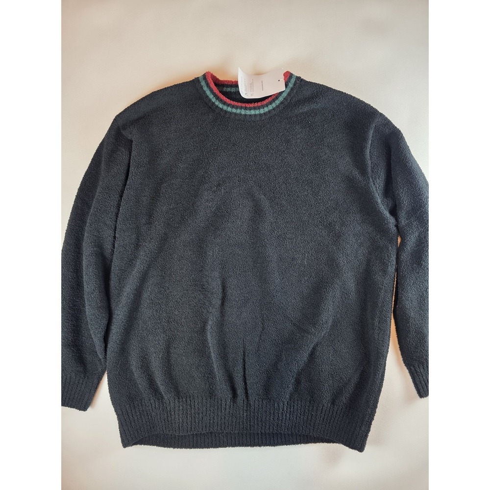 David Archy Crew‎ Neck Pullover Sweater Black Striped Neck Fuzzy Size Large